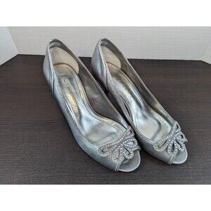 Caparros Silver Peep Toe Heels Pumps Shoes Women's Size 6 B Bridal Prom Jeweled